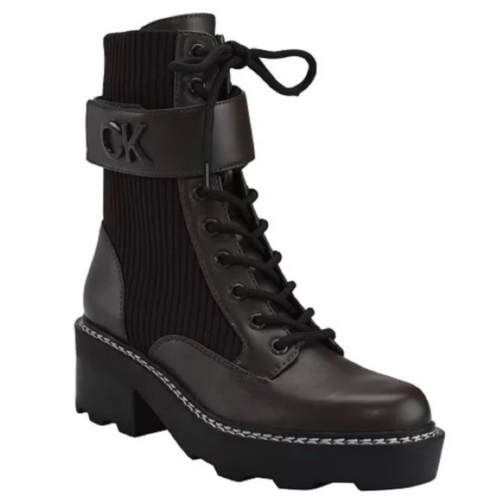 CALVIN KLEIN
Women's Arabel Lace-up Logo Buckle Lug Sole Combat Booties 8.5